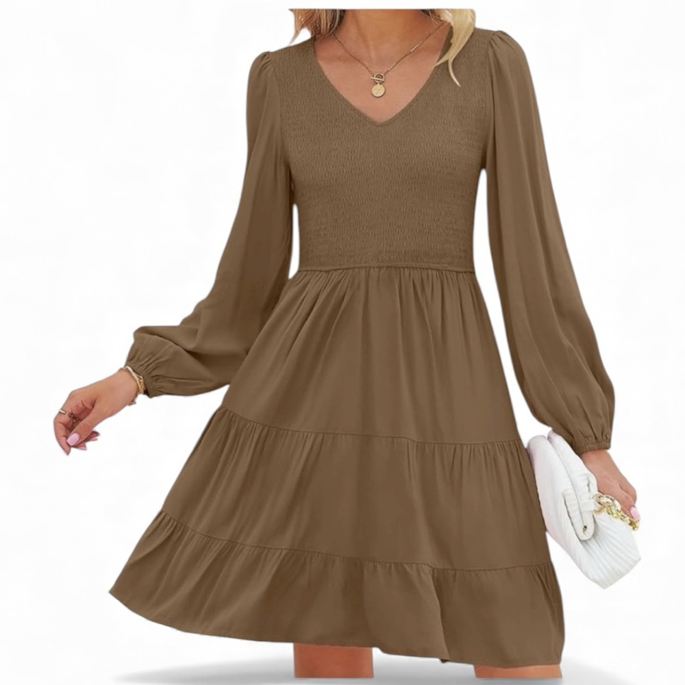 Long Sleeve Brown Boho Dress, Mini Large